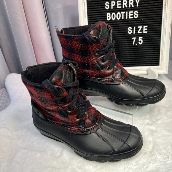 Sperry Red & Black Plaid Saltwater 🌨 Wedge Tide Wool Ankle Boots - 7.5 - Picture 2 of 14
